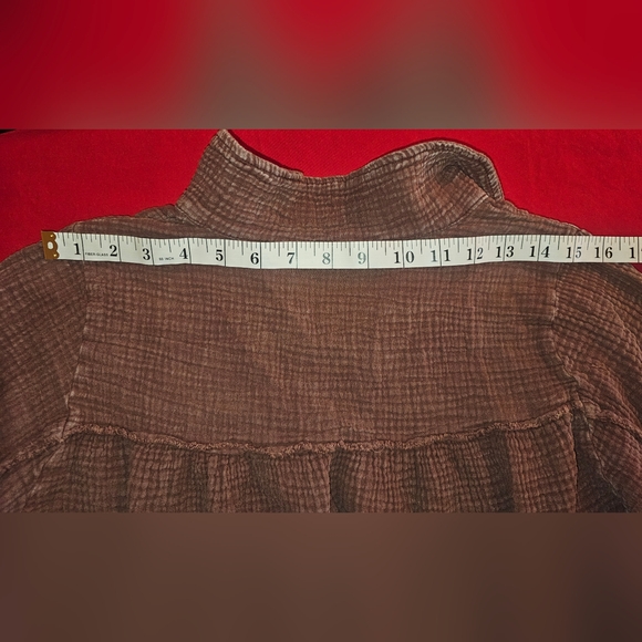 Easel Burgundy Gauze Long Sleeve Babydoll Collared Medium Top - Picture 6 of 9